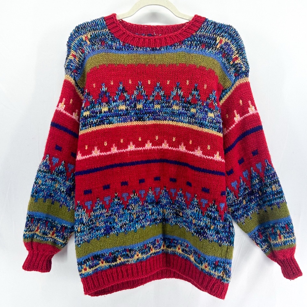 Vintage 90s Red Wool Fair Isle Christmas Holiday Knit Pullover Sweater